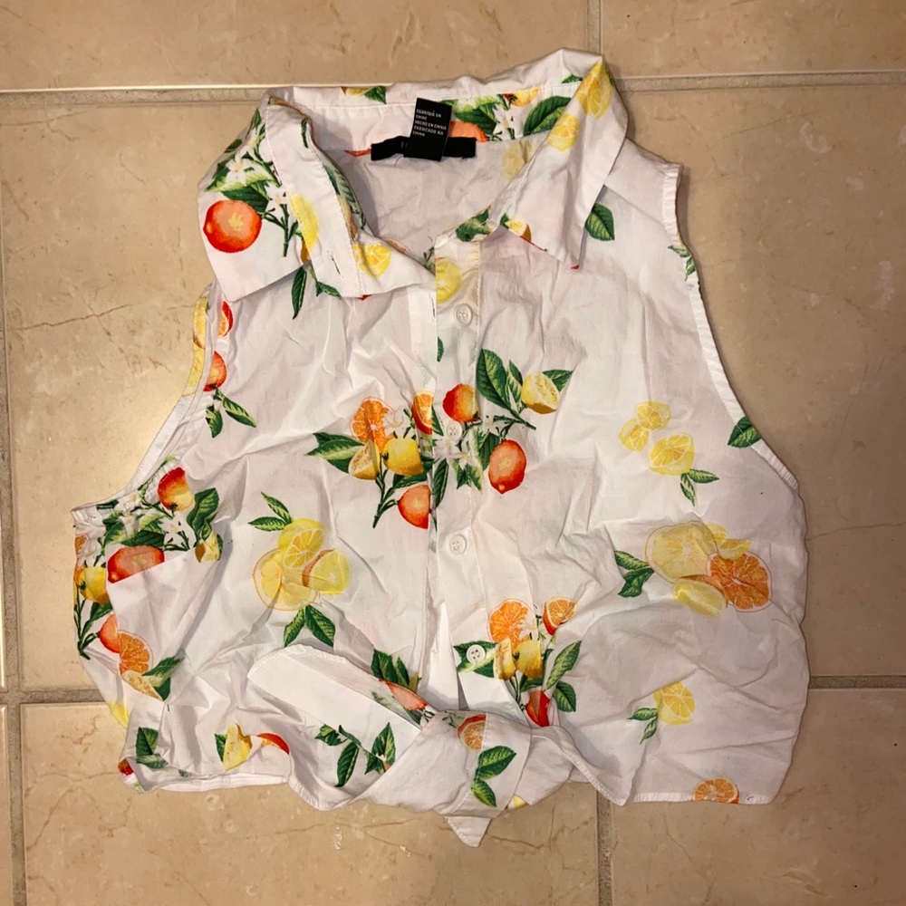 White Button Down Tie Front Assorted Fruits Top